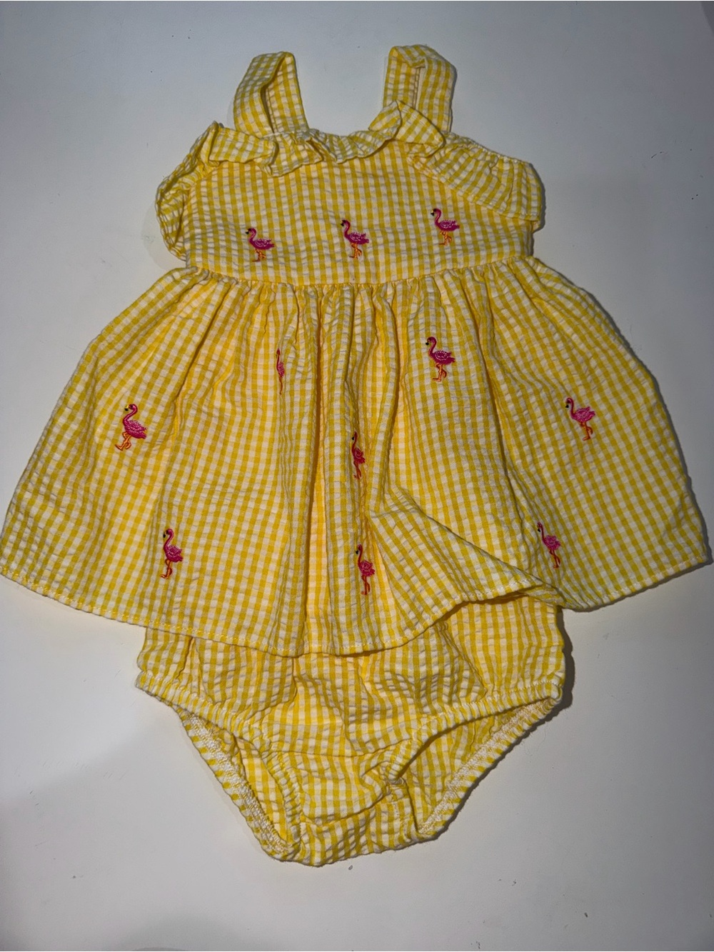 Starting Out Yellow Gingham Dress & Bloomers with Pink Flamingo Embroidery
